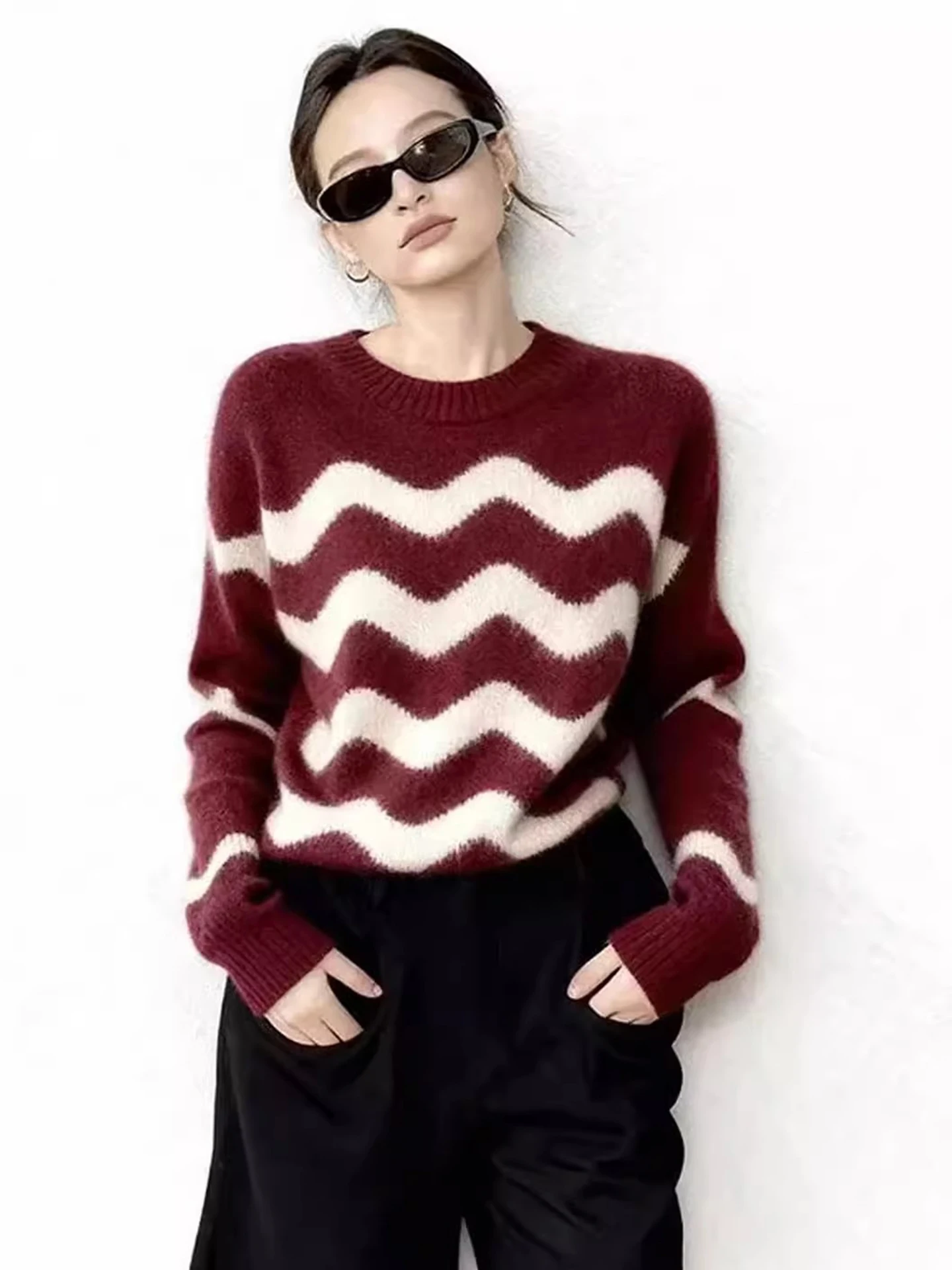 

Camere вязаный свитер повседневный красный длинный све осень-зима универсальный свободный топ удобный Cisas красный корейский Sle для поездок на работу