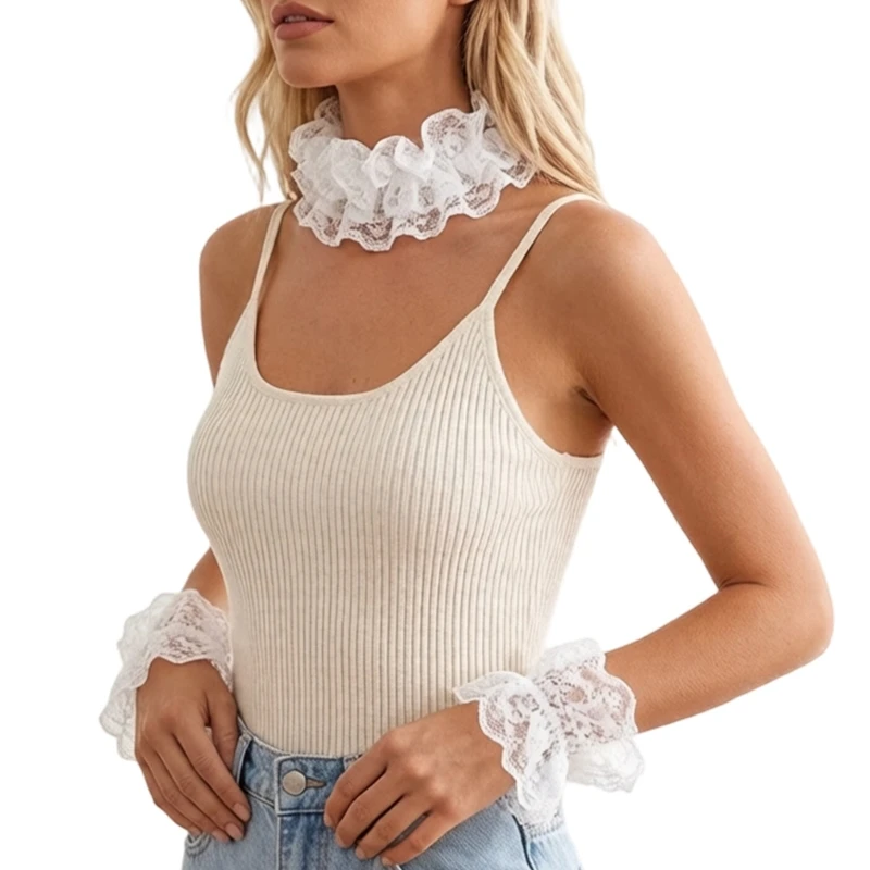 Q39C Sheer White Lace Collar and Wrist Cuffs Set, Detachable Accessory for Photo Styling and Party Night Looks