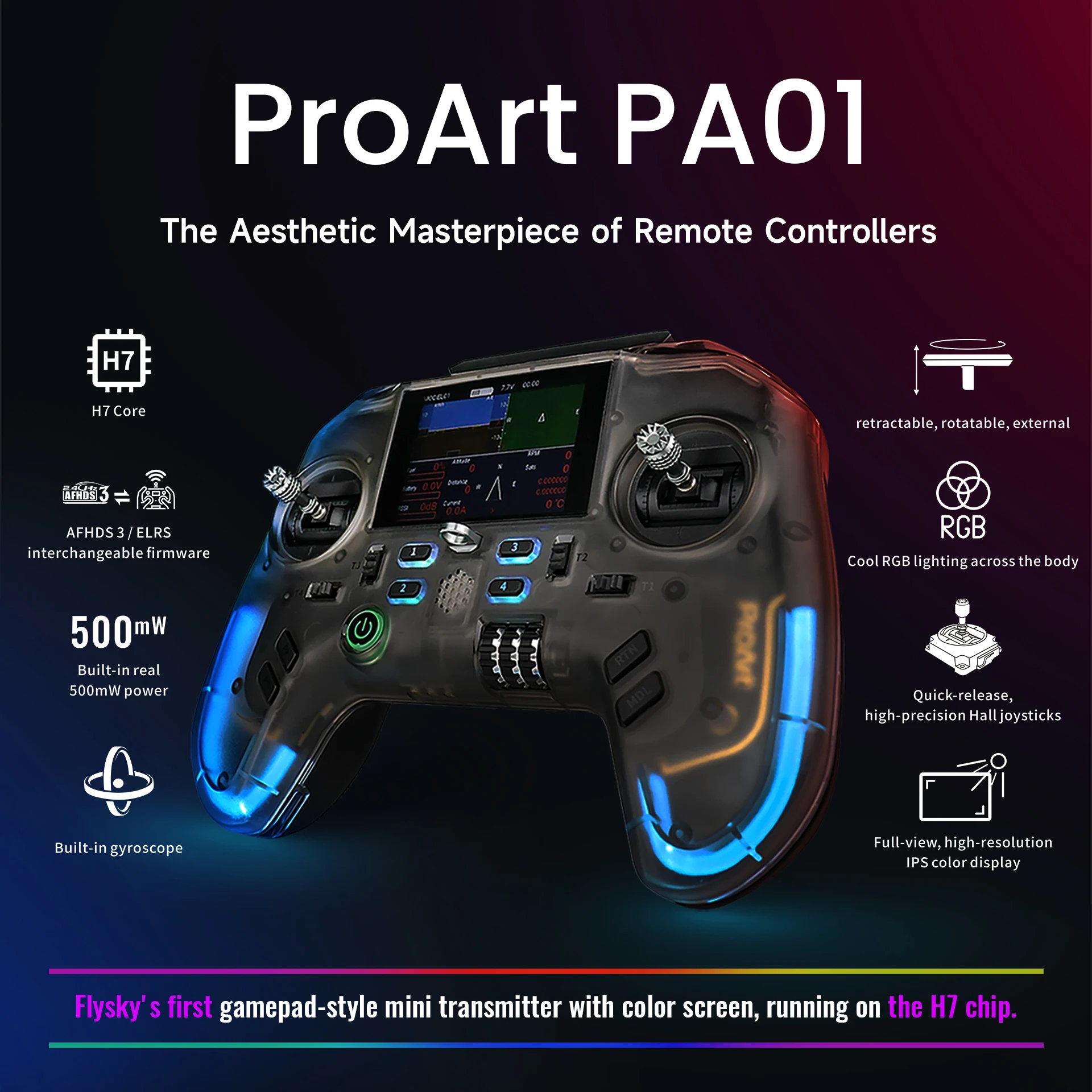 Flysky ProArt PA0 12.4GHz ELRS/AFHDS 3 Open Source Radio Transmitter Color Screen H7 Controller for FPV RC Drone