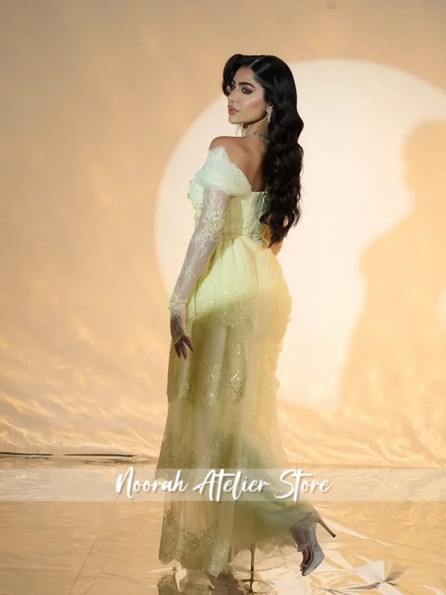 Nuevo amarillo personalizado de encaje elegante vestidos de noche lujosos 2025 mangas Illuison vestido Formal vestido de novia largo Veestidos