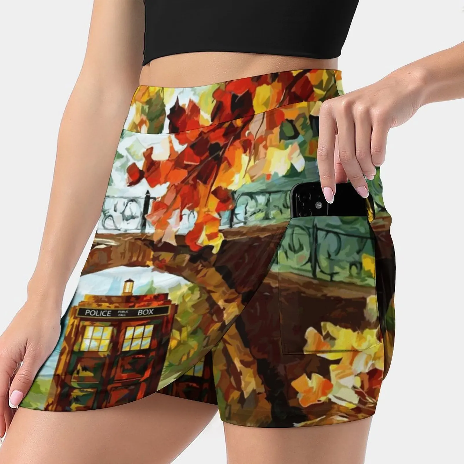 Abandoned Public Phone Under The Bridge New Women Skirts Double-Layer Printed Short Dress Mini Sport Skirt Beautiful Leaf