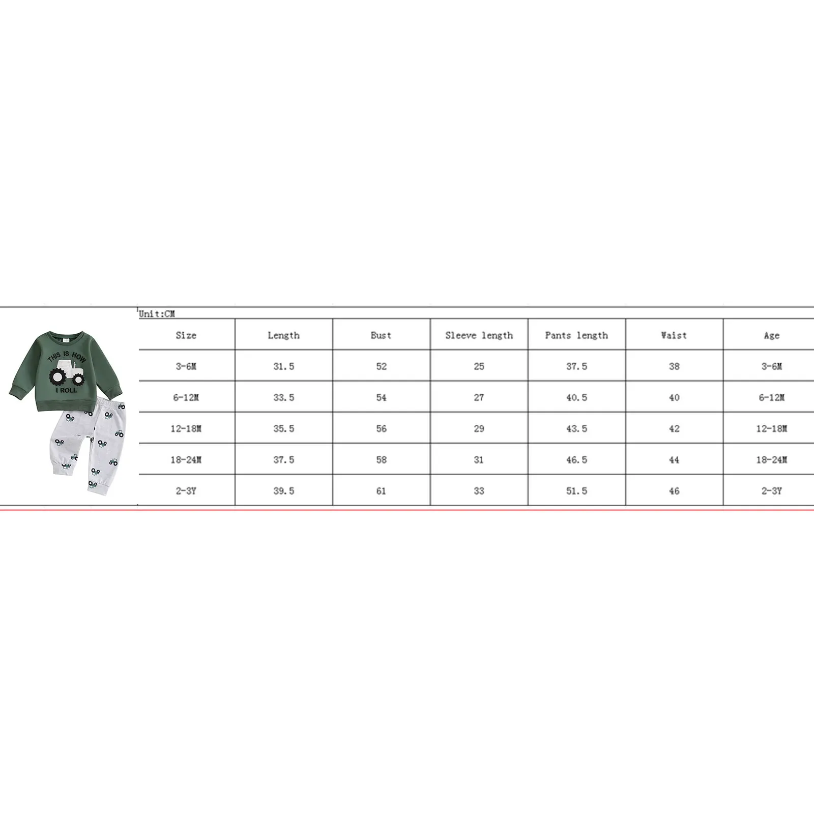 Baby Clothing Boy Tractor Print Long Sleeve Sweatshirt with Elastic Waist Sweatpants Infant Newborn Pat Clothes Set