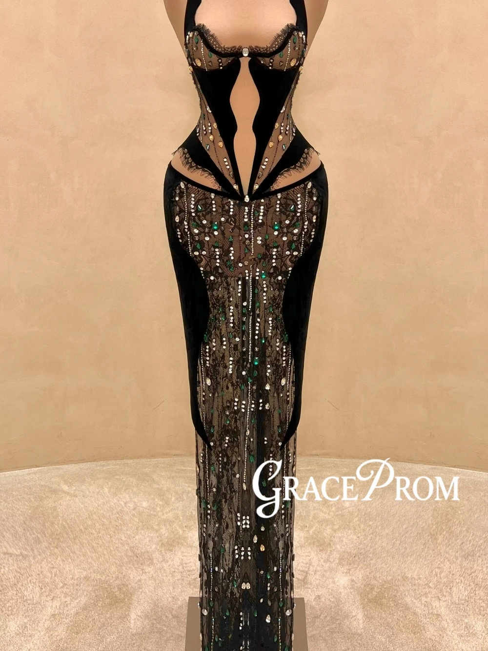 Sexy Black Rhinestone Corset Evening Dress For Women Glam Halter Neck See Through Mesh Cut-out Mermaid Prom Gown Customized