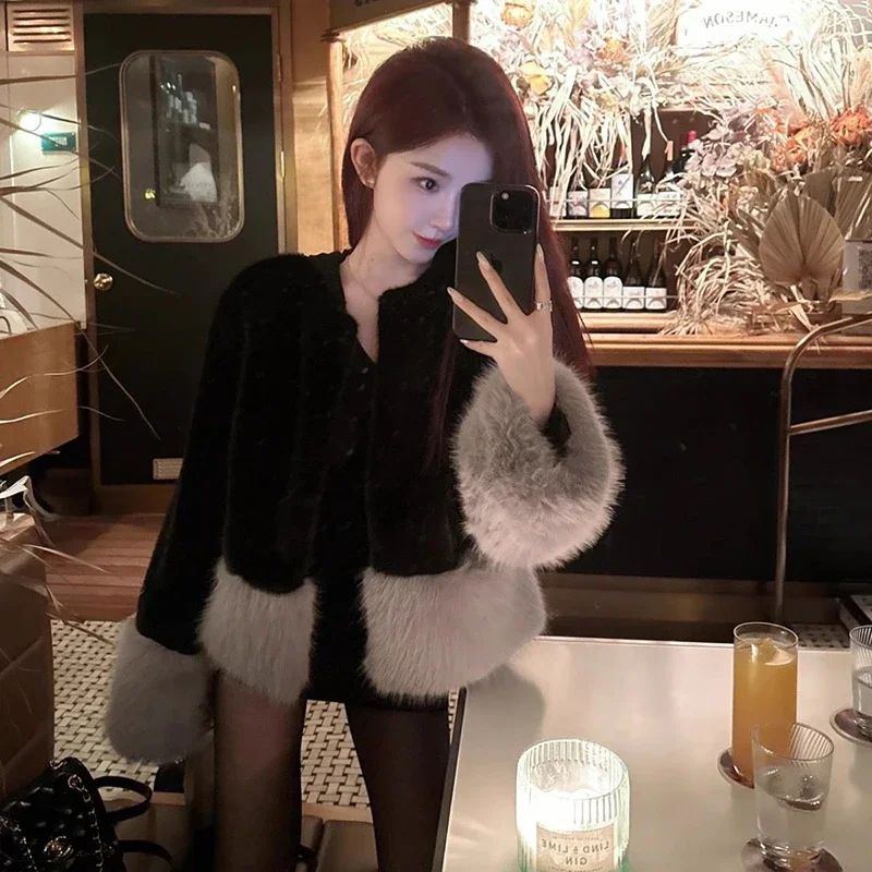 

Black Faux Fur Coat Women Vintage Patchwork Cropped Fluffy Jacket Elegant Party Short Furry Outwear Winter Korean Plush Overcoat