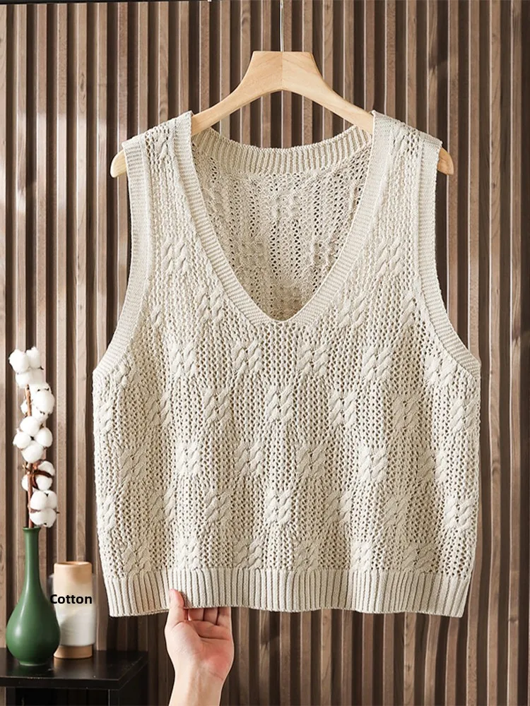 Faionable Knitted ort Sve Vest Women's Loose Large Size Openwork Knitwear Spring Autumn Thin Sle Simple Design