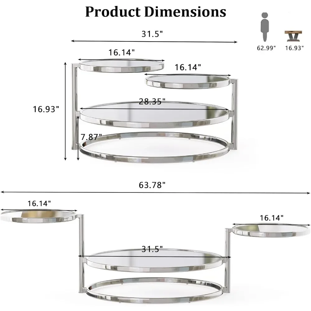 Circular Silver Coffee Table, 28 Inch Tempered Glass Coffee Table, Rotating Circular Coffee Table, Polished Frame and Base