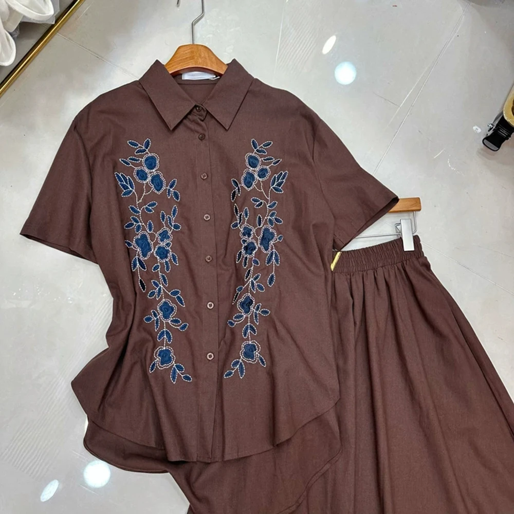 

European, American and Australian niche embroidered flower short-sleeved shirt two-piece summer + loose skirt suit-GZXX237