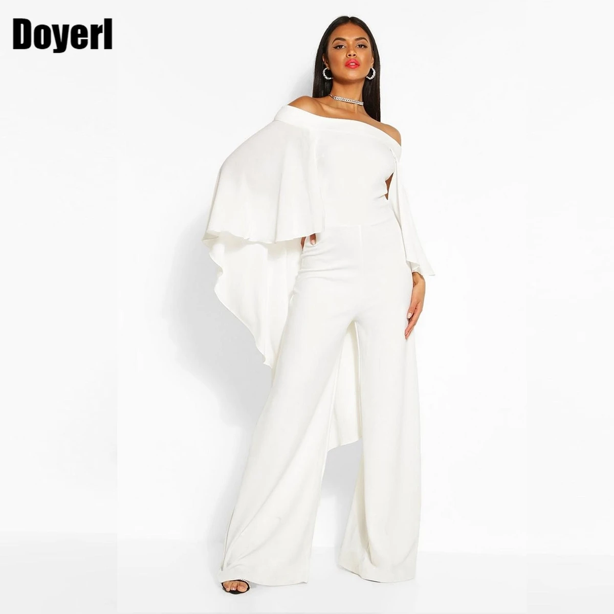 White Elegant Evening Jumpsuit for Women Luxury Off Shoulder Chiffon Shawl Wide Leg Long Jumpsuits One Pieces Party Overalls