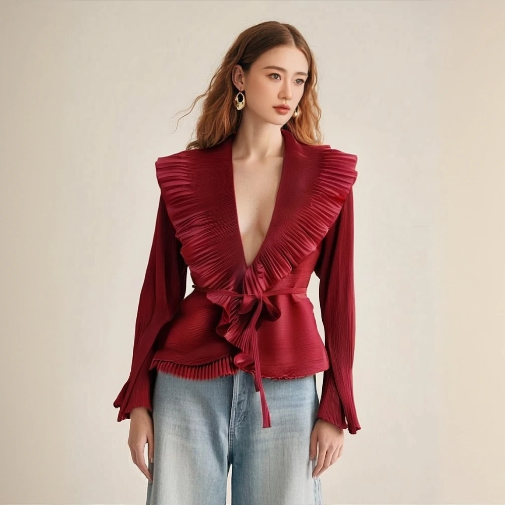 

Miyake Pleated Spring New Arrival Niche Casual Pleated Ruffled Collar Jacket Top Versatile Loose-fitting Solid Color Cardigan