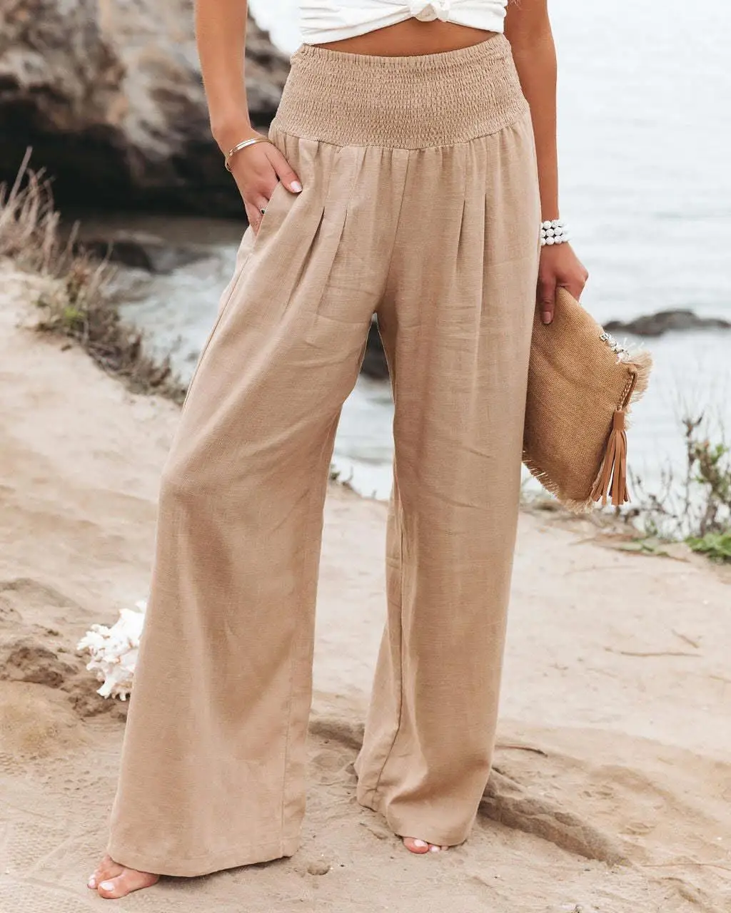 2024 Spring/Summer Women's Clothing Cotton and Hemp Solid Color Elastic Waist Wide Leg Pants Casual Pants Women's Pants