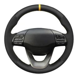 Car Steering Wheel Cover Soft Black Genuine Leather Suede DIY Hand Sewing For Hyundai Kona 2017-2019 Encino 2017-2019