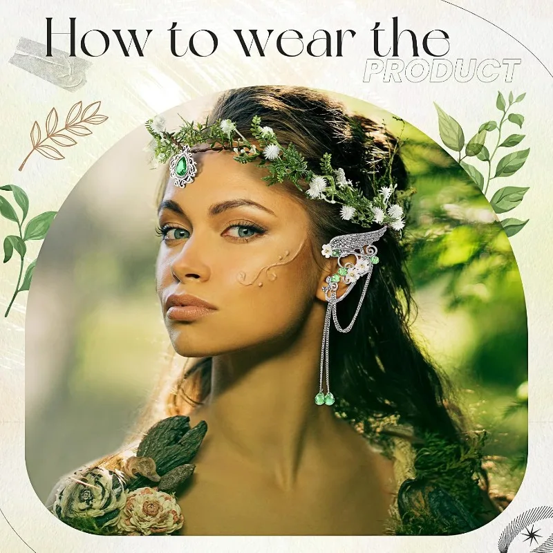 Halloween Elves Cosplay 3pcs Set Fairy Flower Crown Headpiece Elf Ears Cuffs Renaissance Costume Leaf Elves Wings Ear Cuff