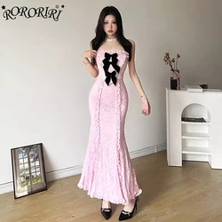 RORORIRI Bow Pins Floral Lace Women Long Dress Pink Frilly Corset Slim Mermaid Bodycon One-piece Summer Prom Party Evening Gown