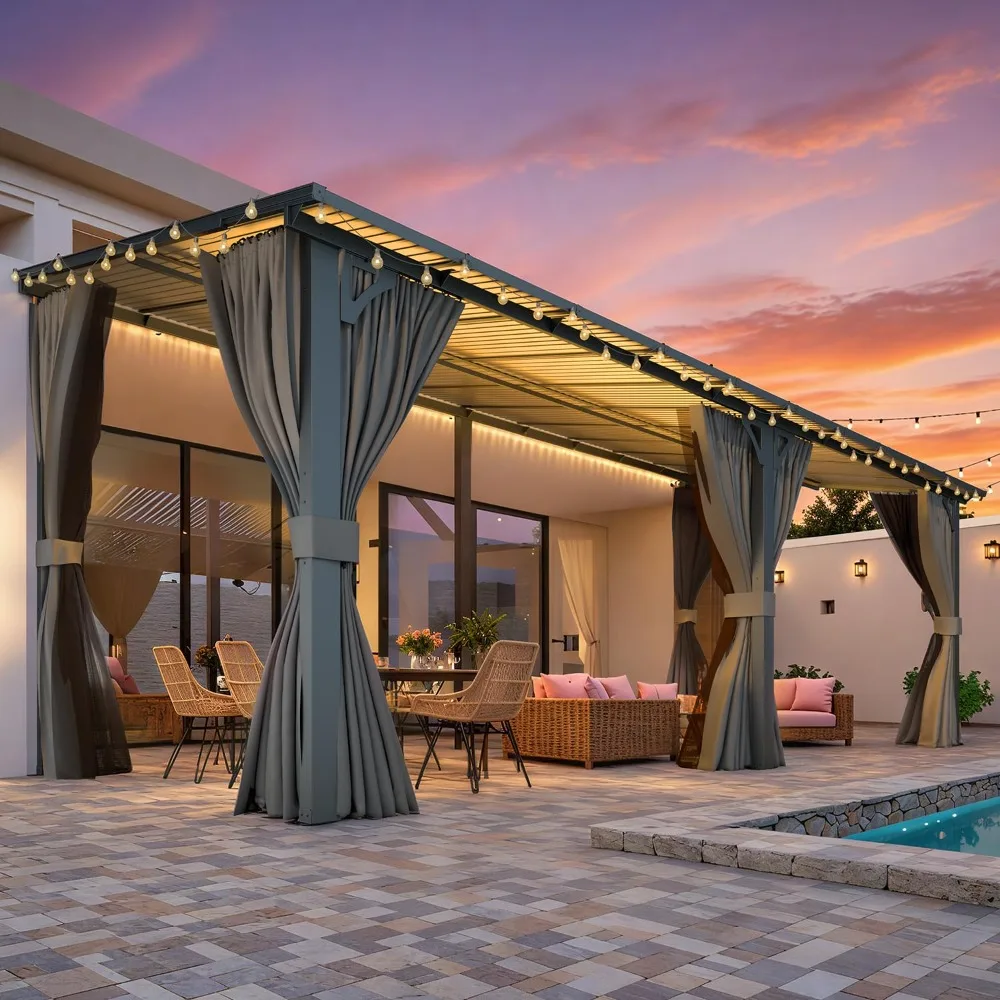 

20' x 8' Outdoor Gazebo with Curtains and Netting, 8'x20' Large Wall-Mounted Hardtop Lean to Gazebo Shelter, Customized