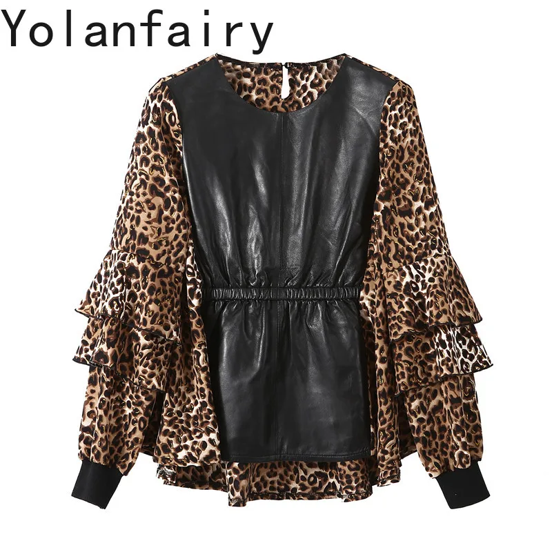 YOLANFAIRY 2026 Women Leopard Print Basic Top Genuine Sheepskin Spliced Flare Sleeve Korean Style Real Leather Blouse Outerwear