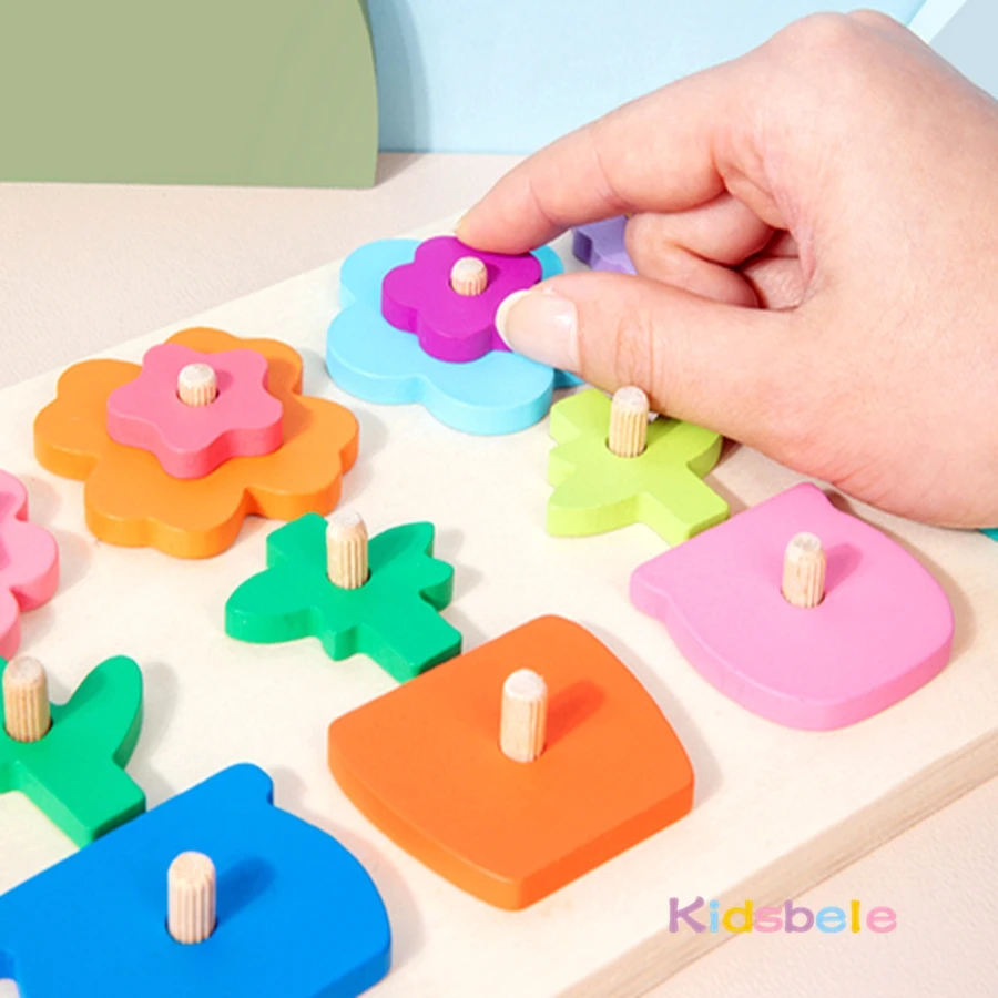 Holzblumen-Sortierbrettspiel für Kleinkinder, geometrische Form, Farbe, Stapelsteine, Montessori-Puzzle, Spielzeug, Geburtstag, Weihnachten, Geschenk