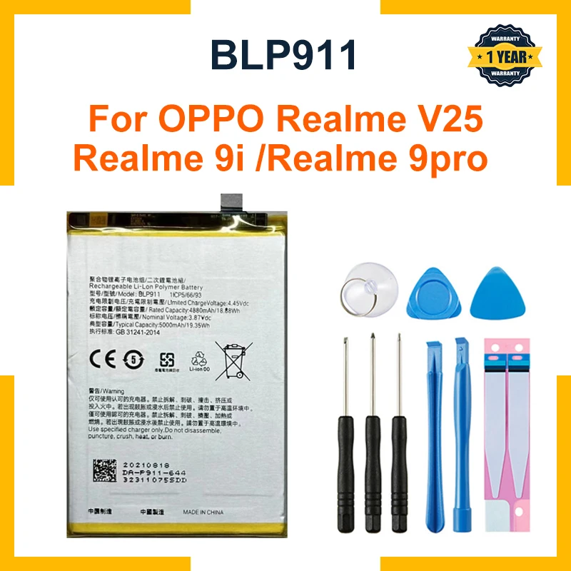 100% New 5000Mah BLP911 Battery for Reno8 Reno8Pro BLP911 Realme V25 realme 9i RMX3491 battery