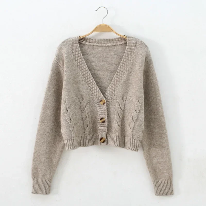 

Women Cardigan V Neck Cropped Long Sleeve Twist Knitted Sweater Coats Spring Autumn Keep Warm Korean Fashion Jacket Cardigan