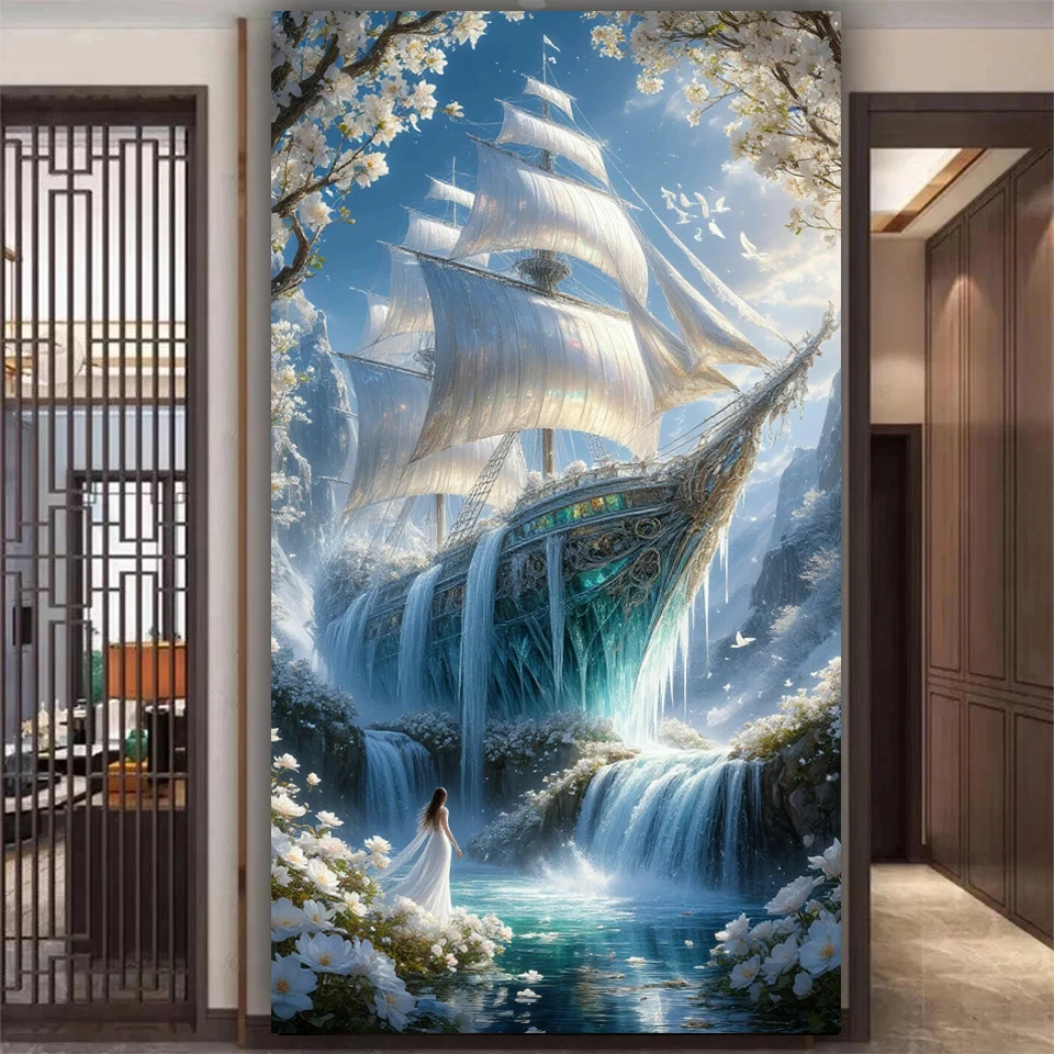 Pintura de diamante artesanal grande con paisaje de barco de mar y flores blancas, mosaico de diamantes redondos y cuadrados, arte artesanal, decoración del hogar, novedad de 2026