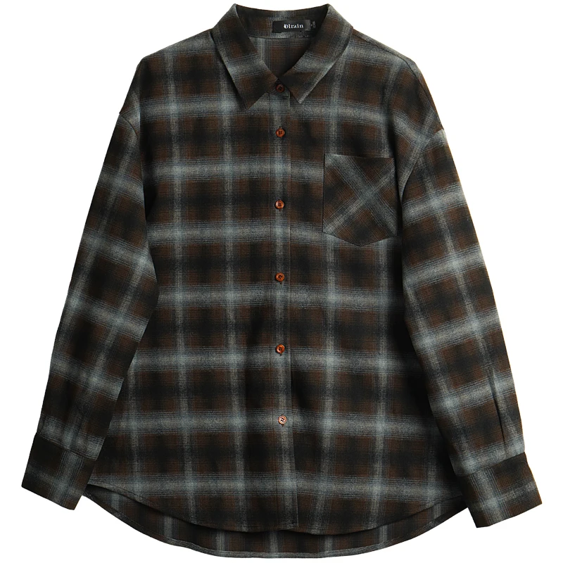 OLrain Women's Plaid Shirt 2025 Autumn New Arrival Casual Vintage Loose-fit Long-sleeve Turn-down Collar Shirt Tops O57QC001152