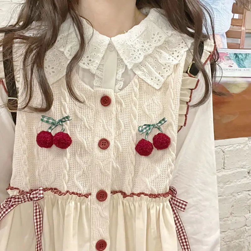 Autumn 2022 New Kawaii Knitted Sweater Vest Women Patchwork Cherry Bow Sweet Pullover Japanse Style Lolita Sleeveless Waistcoat