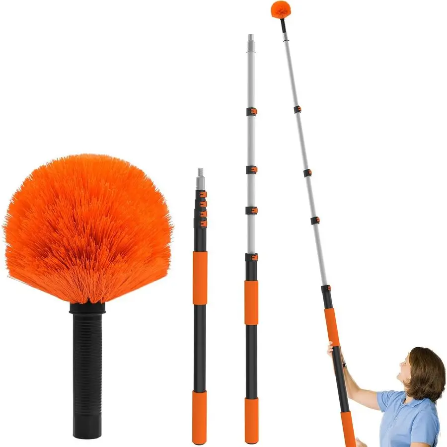 

26FT Reach Cobweb Duster, Outdoor Spider Web Cleaner Brush with Professional 520FT Extension Pole, NonShedding Fluffy Bristles,