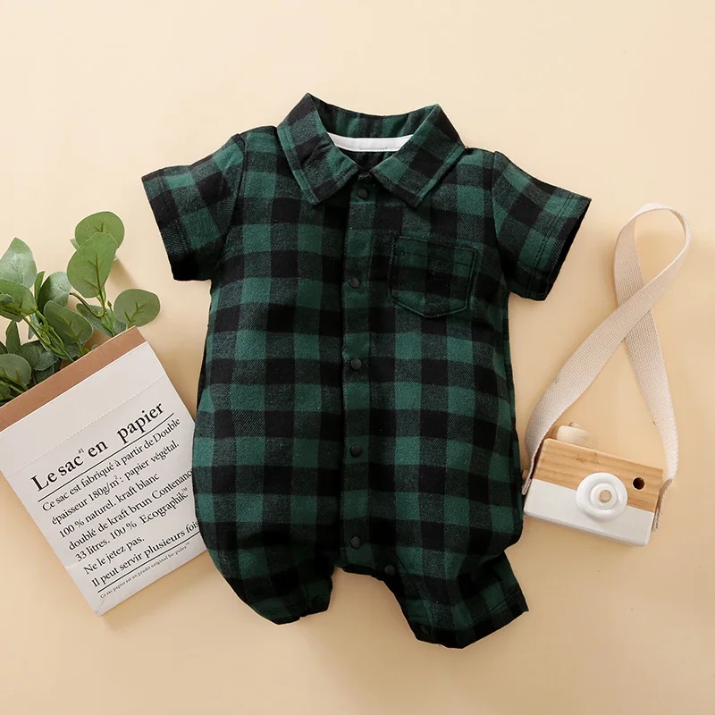 Green Plaid Boy Romper Newborn Baby Boy Clothes One piece Summer short-sleeve baby Jumpsuit Fashion Gentleman Costume For Babies