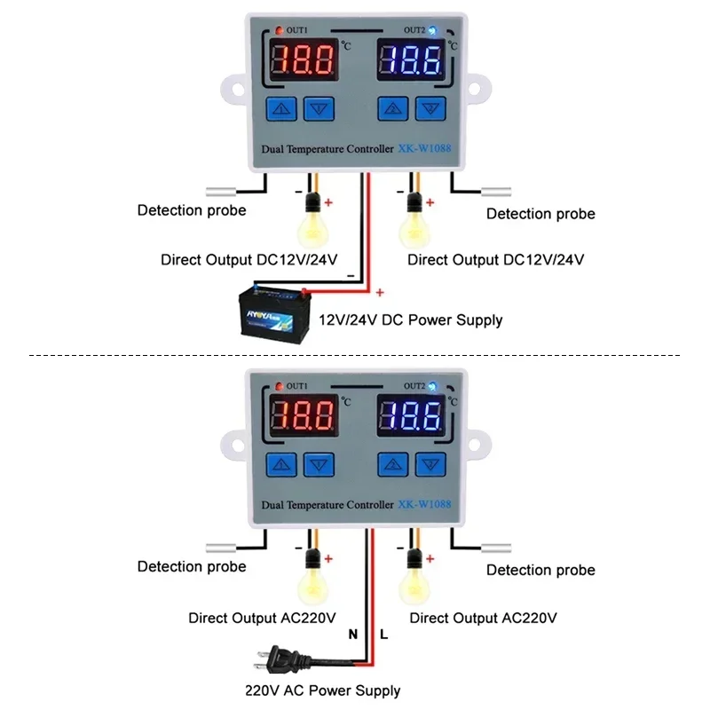 W1088 Dual LED Digital Temperature Sensor Meter Controller Electric Heating Thermostat 220V Aquarium Incubator Thermoregulator