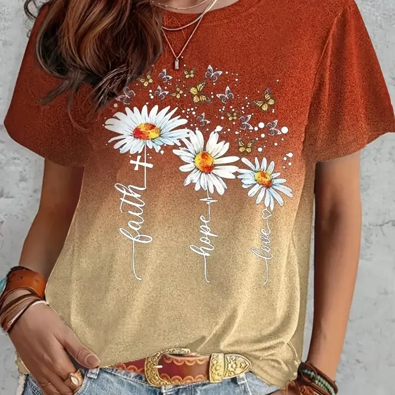 Women\'s New Crewneck Print Dandelion Pattern Oversized Women\'s Fashion Top T-Shirt Breathable Refreshing Short-Sleeved T-Shirt