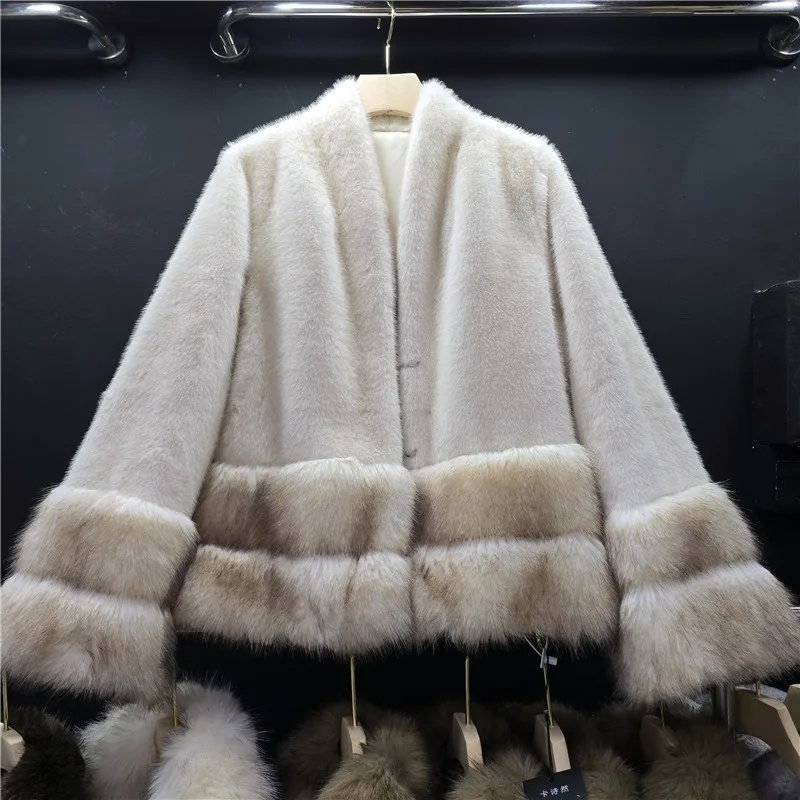 Clothland Women Elegant Fur Spliced Jacket Long Sleeve V Neck Single Breasted Female Retro Fashion Coats CB424