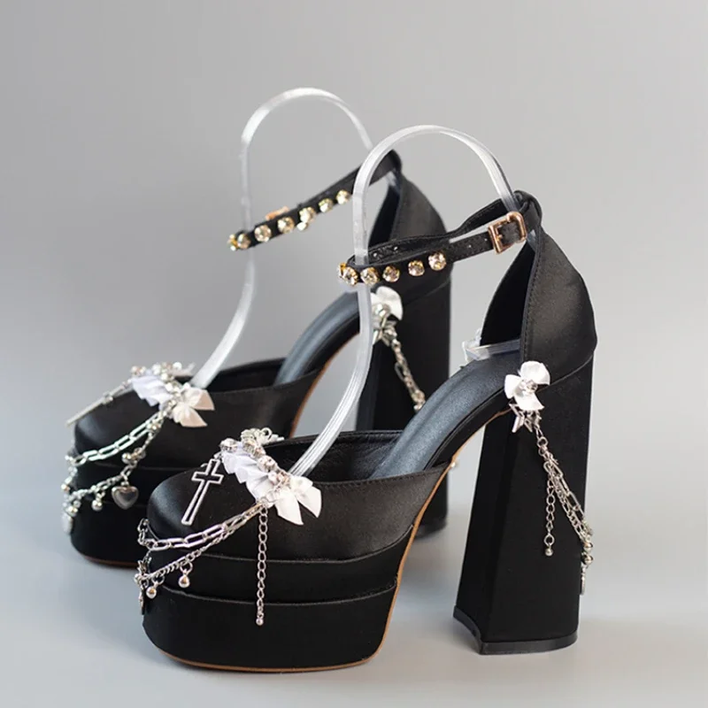 2026 Newest Metal Chain Pink Sandals 15cm High Heel Fashion Lolita Lace Satin Princess Birthday Dancing Party Shoes Size 35-42 view 6