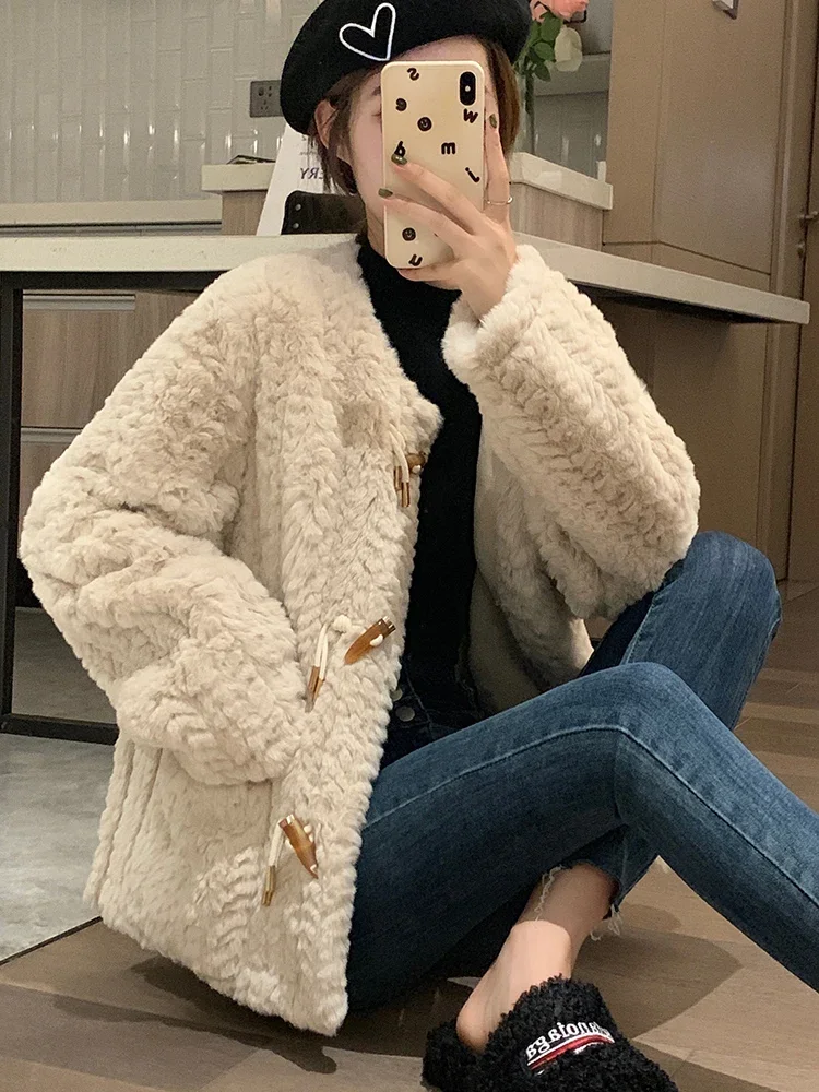 Korean Style Fashion Round Neck Long Sleeve Women\'s Woolen Coat 2023 Autumn Winter Commute Style Horn Button Pocket Short Coat