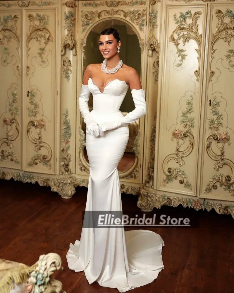 فساتين زفاف حورية البحر الرسمية مع قفازات على شكل قلب من الساتان حورية البحر فساتين زفاف بسيطة من فيستدوس دي نوفيا حسب الطلب