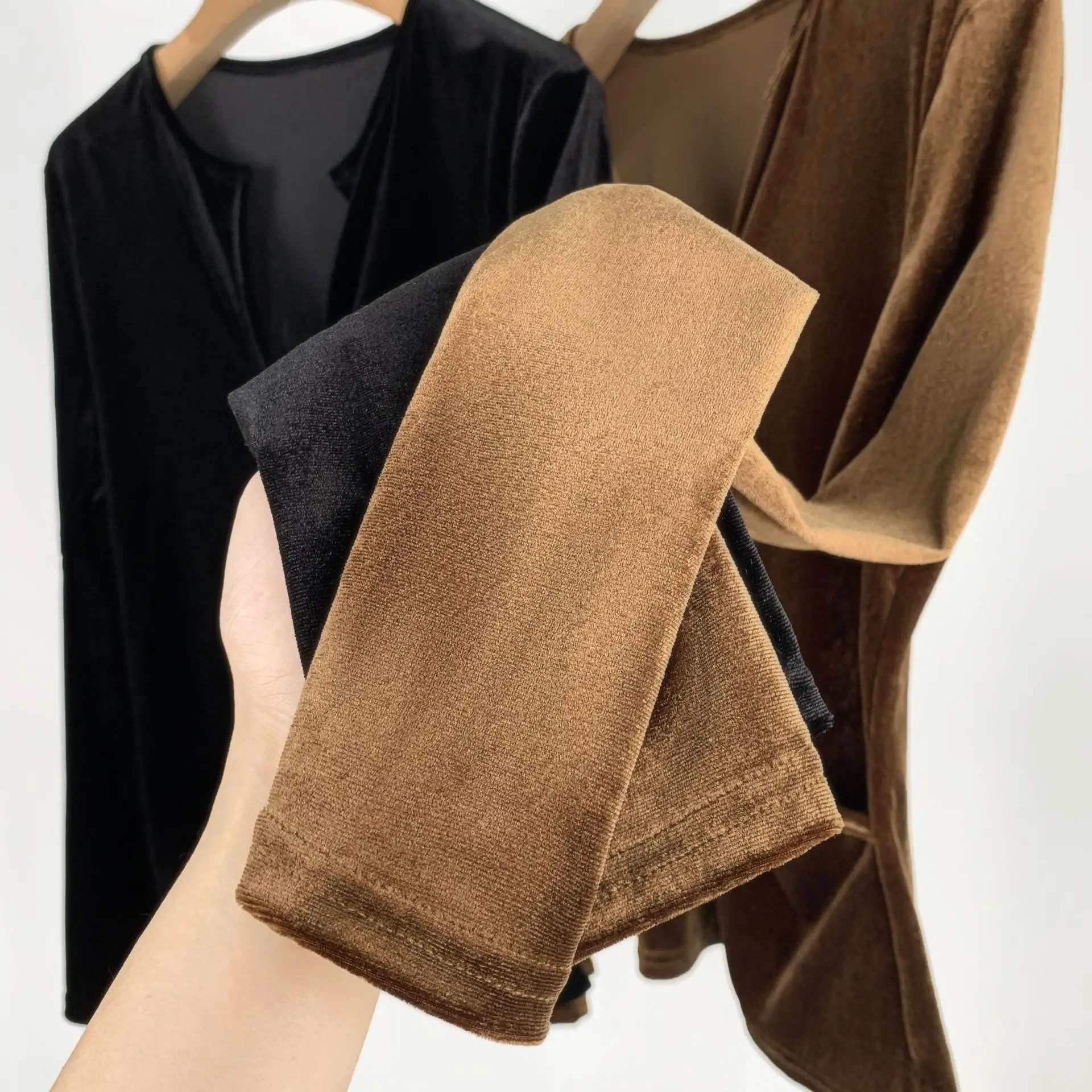 Elegant Rose Pleuche Long Sleeved T-shirt Women's Waist V-neck Flare Sleeve Top