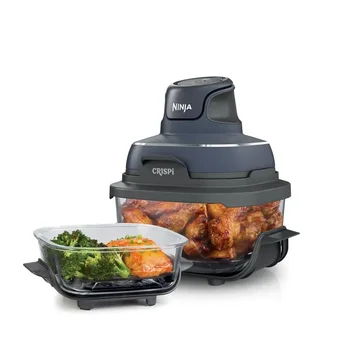 Image Ninja Crispi 4-in-1 Portable Glass Air Fryer Cooking System, 4 QT& 6 Cup Glass Containers with Storage Lids,Easy Meals,Microwave