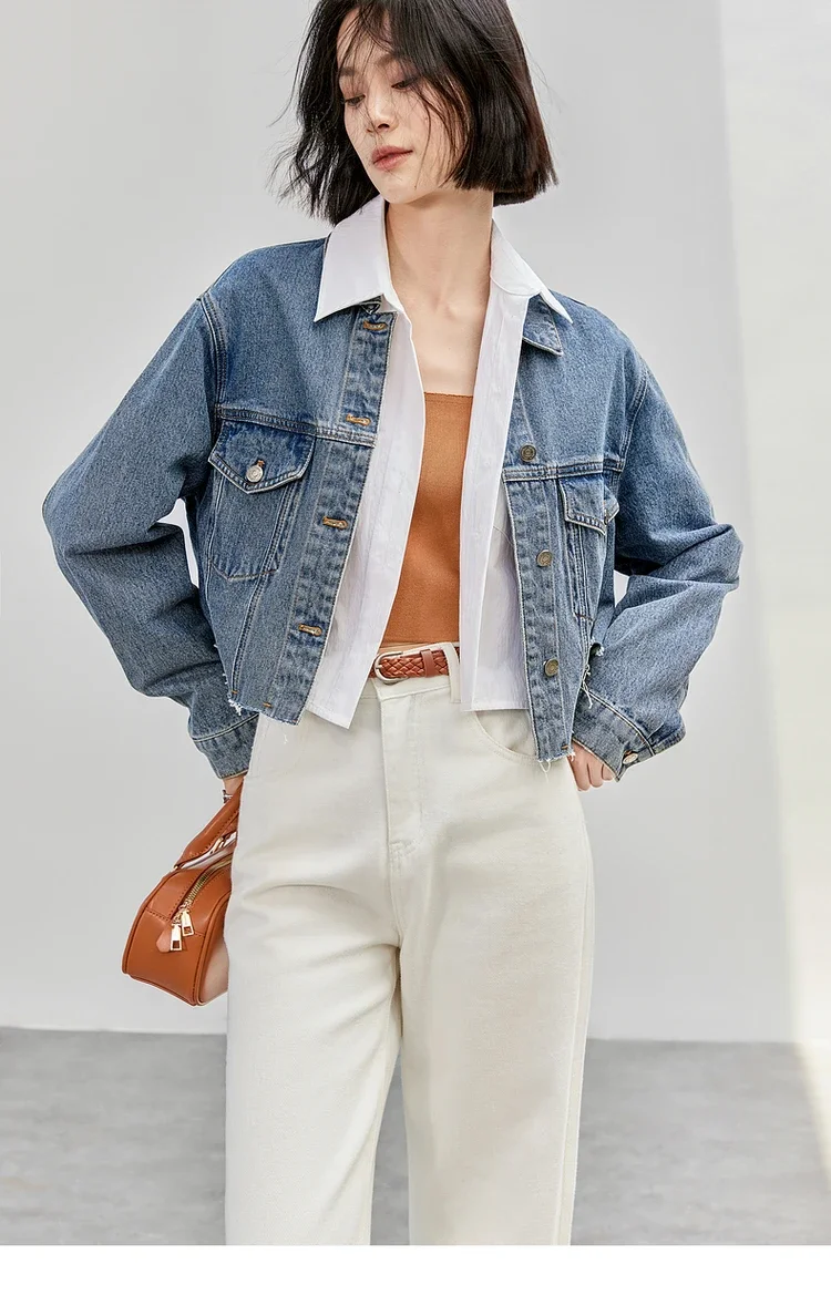 

SENTUBILA Pure Cotton Denim Cropped Jacket for Women 2025 Autumn Fall Fashion Casual Loose Drop Sleeve Short Coats W43W56154