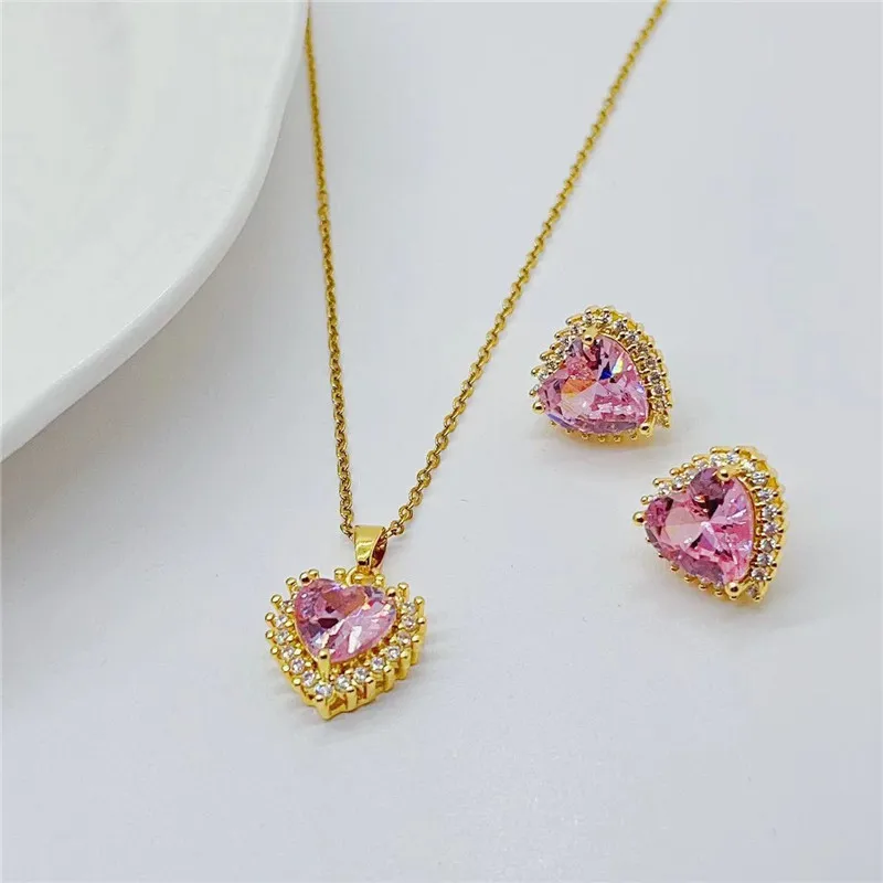 Light Luxury Heart Zircon Jewelry Sets Trendy Geometric Stud Earring Pendant Necklace Stainless Steel Choker For Women Girls