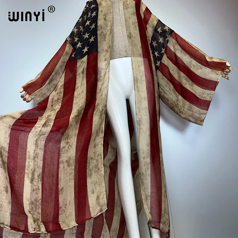 WINYI ملابس الصيف كيمونو أفريقيا موضة طباعة الشاطئ التستر فستان ريترو بالأزرار ملابس الشاطئ النساء عباية دبي قفطان فاخر