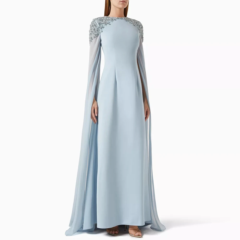 

Modern Chiffon Customized Evening Dress Elegant Crew Neck Long Sleeves Crystal Prom Dress Zipper Back Special Occasion Gowns