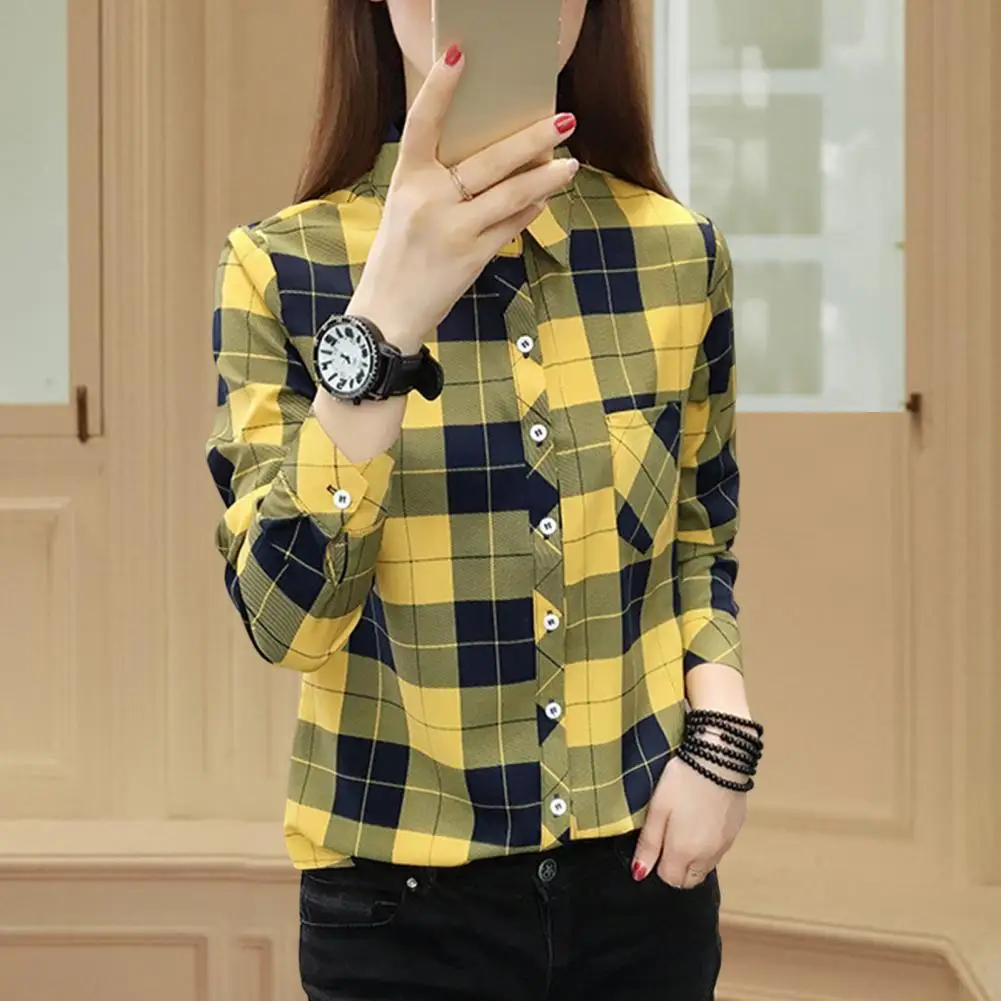 Women Shirt Long Sleeve All Match Single-breasted Casual Soft Dressing Up Plaid Print Women Shirt Top Female Clothing