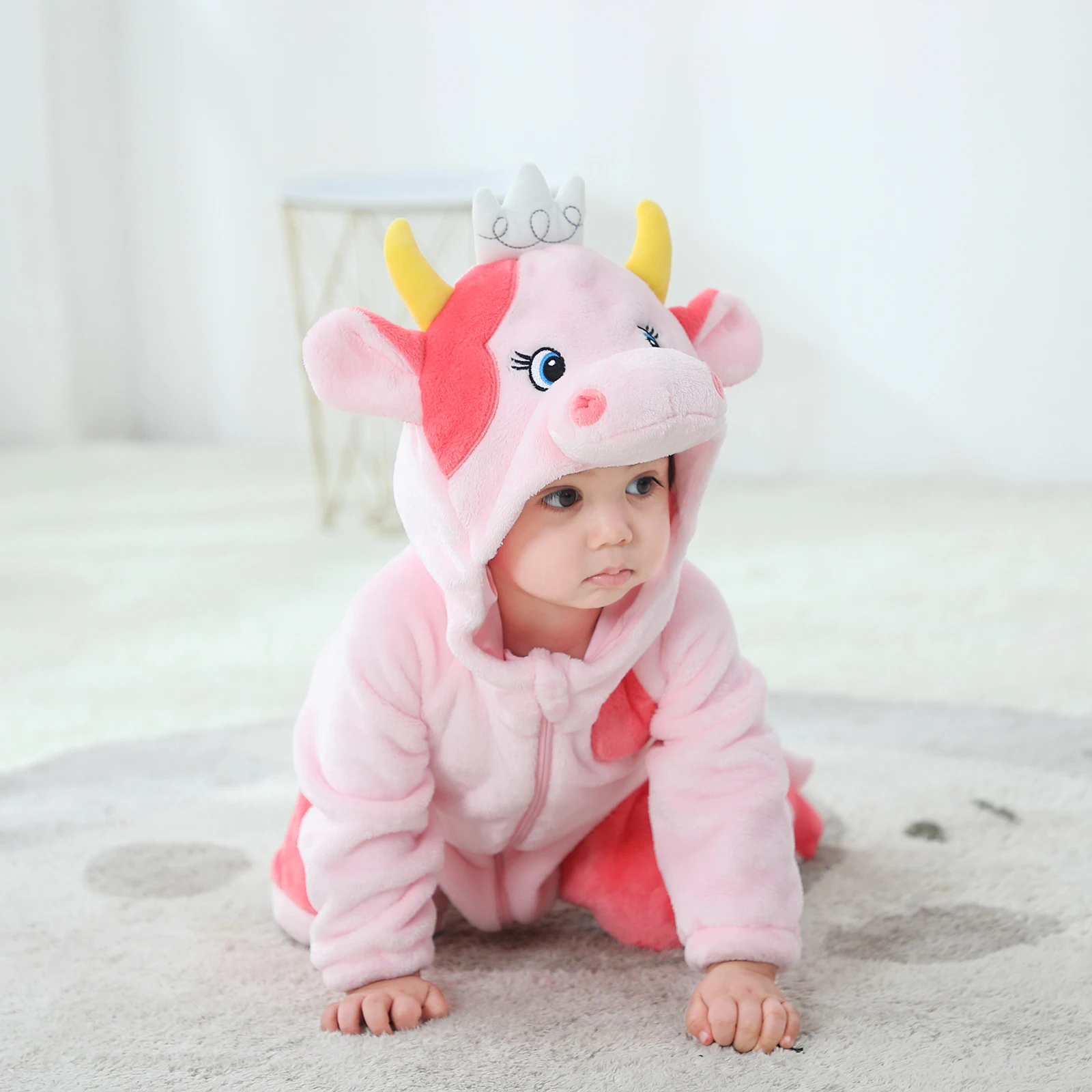 

2024 Creative Cow Jumpsuit Infant Baby Boys Hooded Zipper Long Sleeve Romper Casual Contrast Color Jumpsuit for Newborn Girls