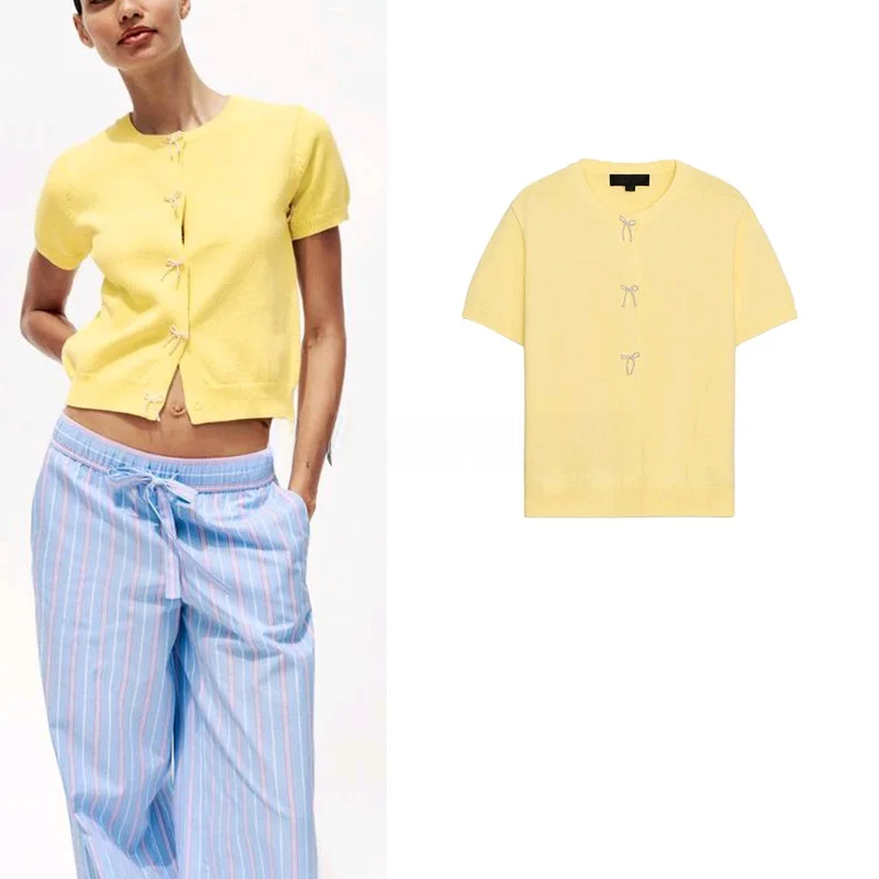

Summer New Women's Simple round Ne ort Sve Knitted Jaet Pearl Knot Decorated Slim Fit Polyester Fiber Card...