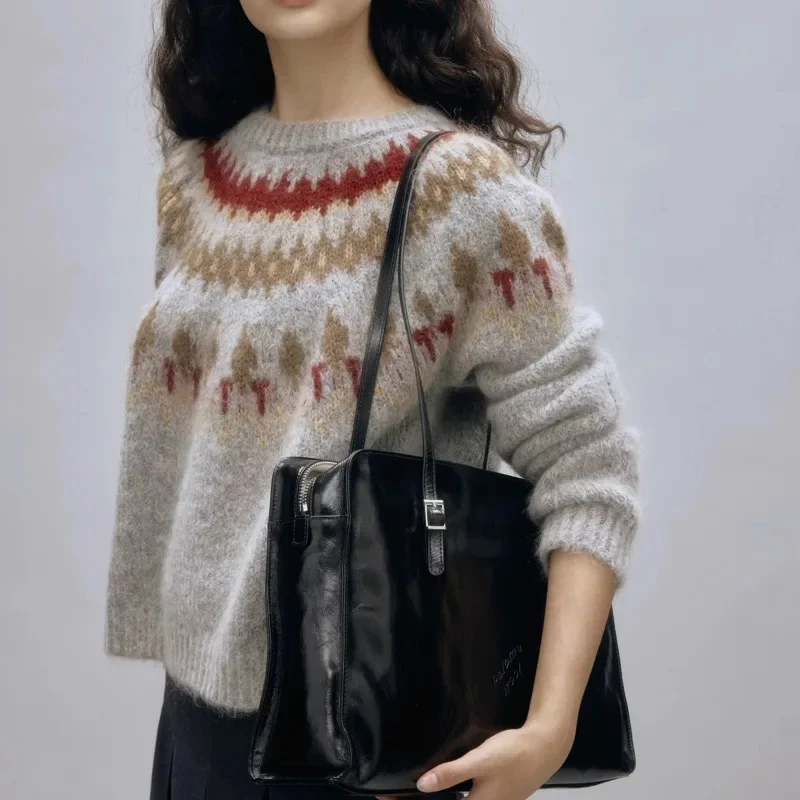 3D Korean Knit Sweater Female Autumn Winter Y2K Korean Contrasting Cotton Loose And Lazy Round Neck Long Sleeve Pullover Top New