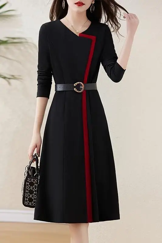 Long Sleeved Patchwork Dress Autumn New Item High-end French Style Waist Cinching Slimming Goddess Style Versatile A-line Skirt