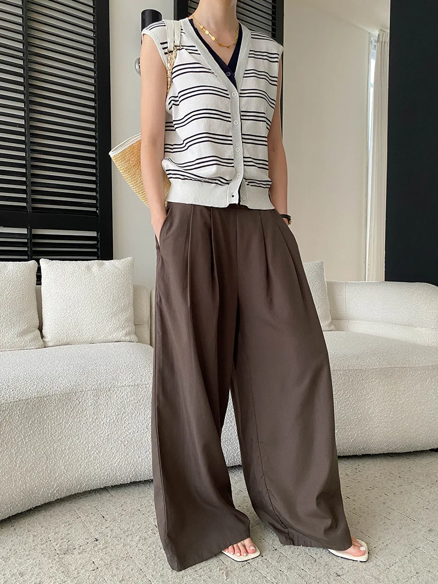 Sommerliche Damen-Freizeithose in Uni-Farbe, halb elastisch, hoher Bund, locker geschnitten, weites Bein – Detail 15