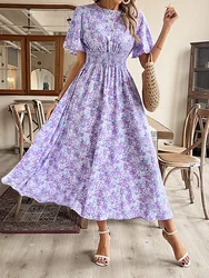 Women Summer Bohemian Flower Long Dress Women O-Neck Short Sleeve Print  Casual Beach Dress Pullover Summer Boho Dress