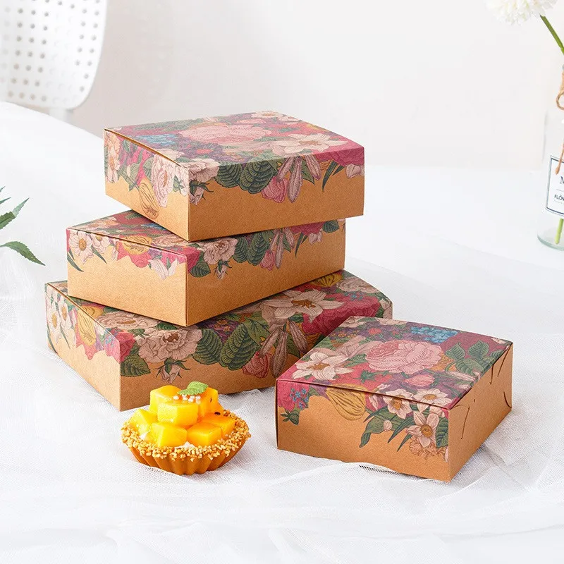 

5pcs Chinese Style Flower Printed Kraft Paper Mooncake Packaging Boxes Foldable Candy Pastry Baking Cake Gift Box