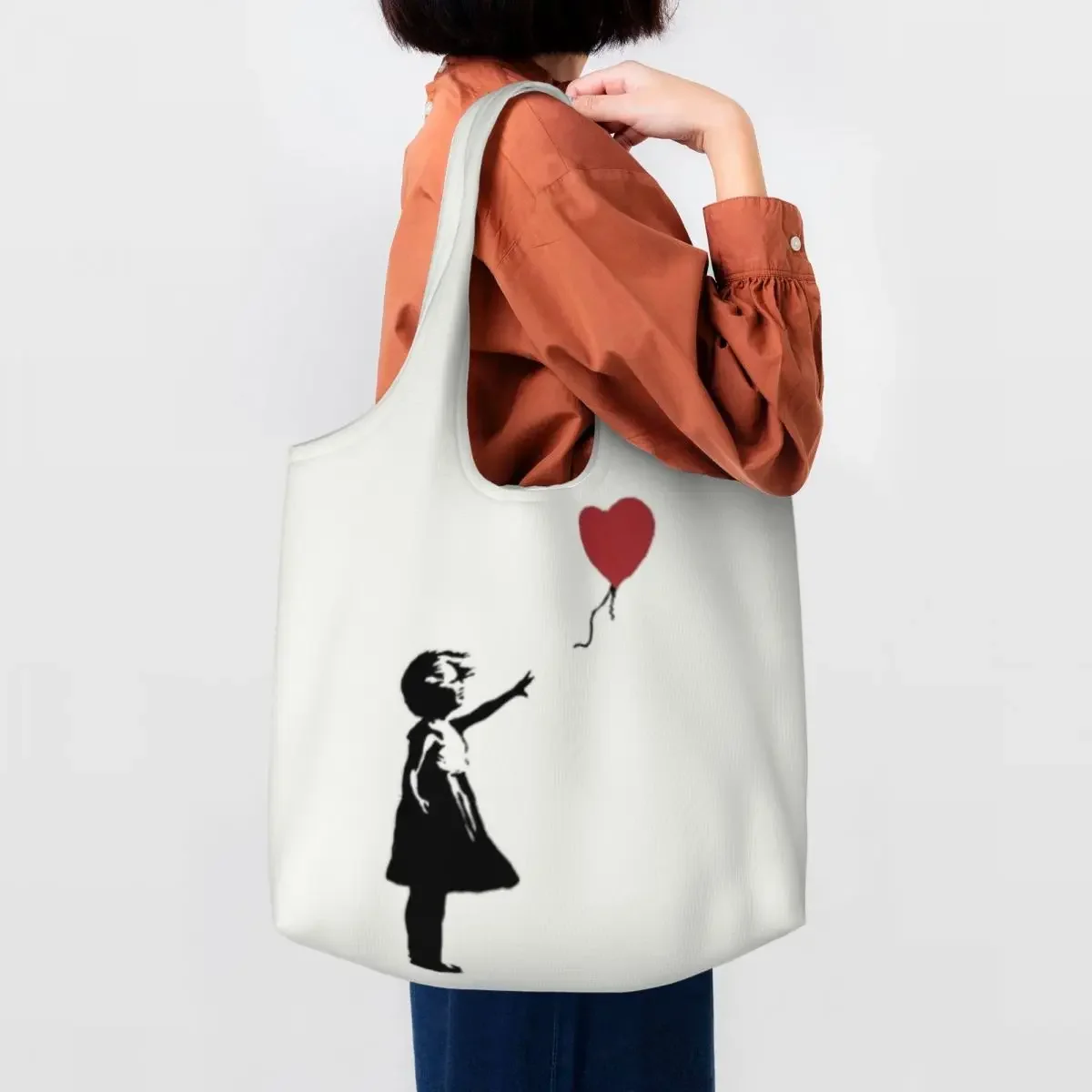 

Girl With Balloon Banksy Groceries Shopping Tote Bag Street Graffiti Art Canvas Shoulder Shopper Bag Big Capacity Handbags