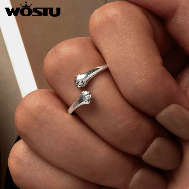 WOSTU Solid Pure 925 Sterling Silver Cute Cat Finger Ring for Women Girl Band Rings Party Jewelry Gift For Girlfriend CQR341