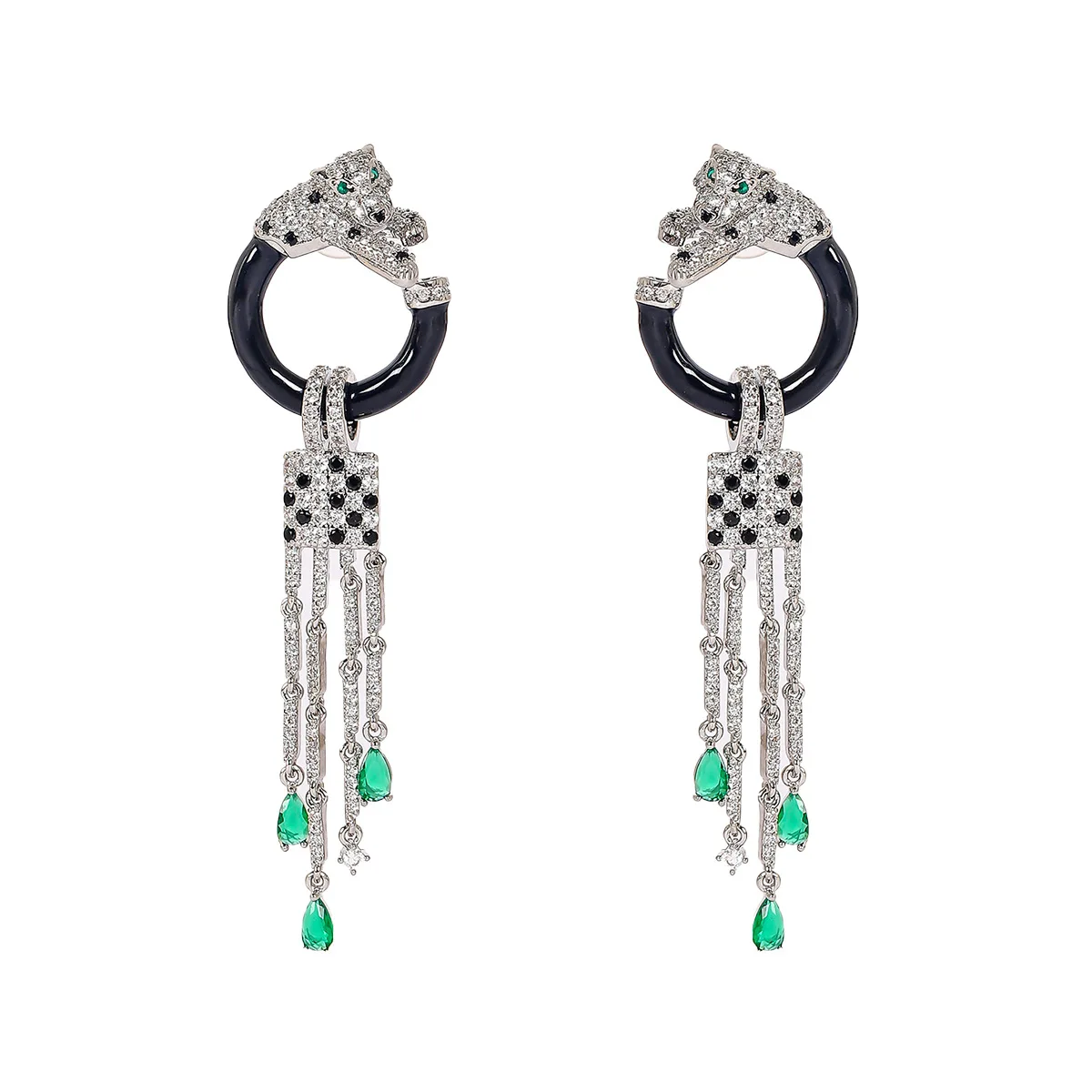 

925 Sterling Silver Needle Leopard Head Tassel Earrings Hollow Cubic Zirconia Exaggerated Luxury Earring Ring Fashion Party Jewe